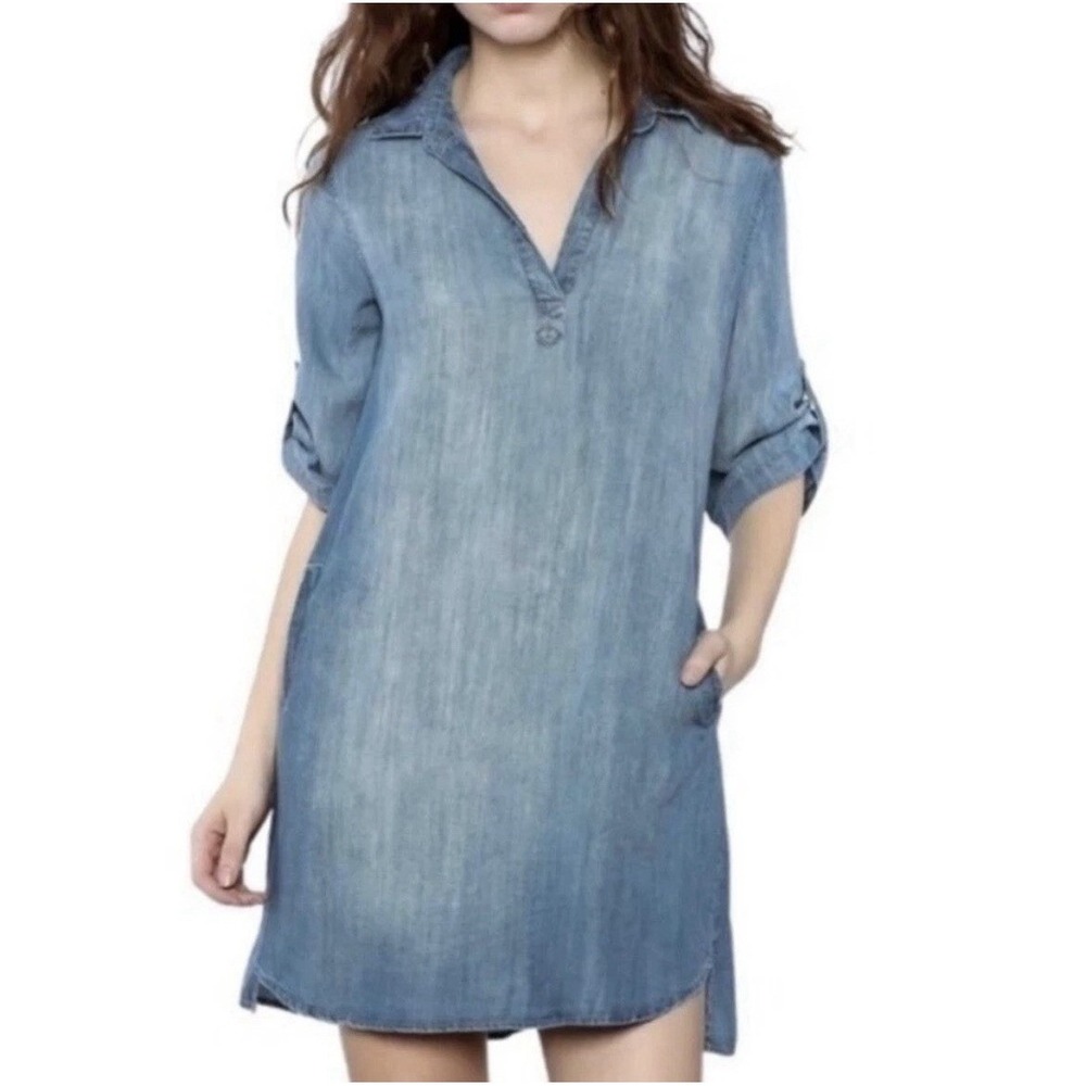 Anthropologie Cloth & Stone Chambray Denim Popover Shirt Dress Size Medium - Picture 2 of 12